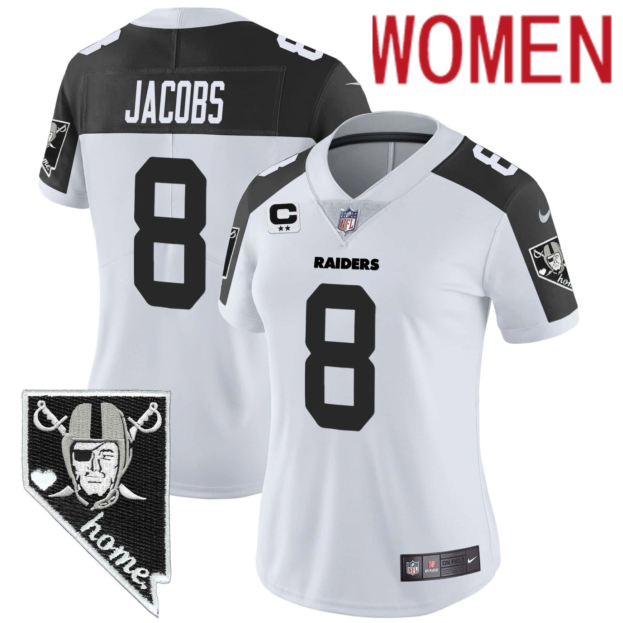 Women Oakland Raiders #8 Jacobs White 2024 Nike Nevada Home Patch Vapor NFL Jersey style 1